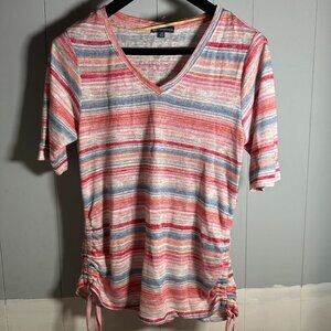 Democracy Top Womens Medium Pink Multicolor Striped Short Sleeve With Side Ties